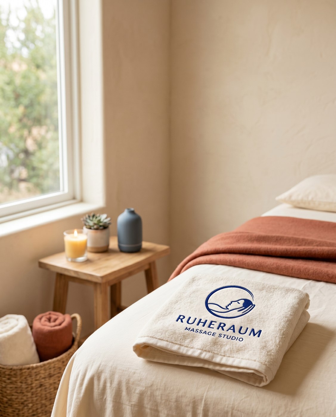 Behandlungsraum von Ruheraum mit Massagebank und Handtuch mit Ruheraum-Logo