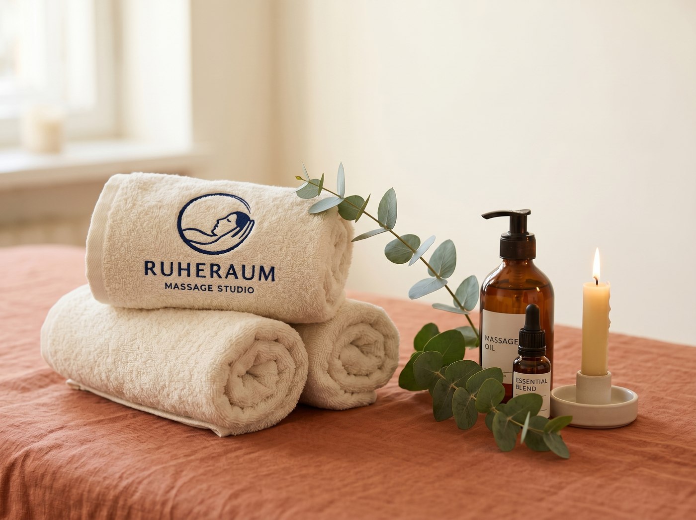 Gerollte Handtücher mit Ruheraum-Logo, Massageöle und eine Kerze